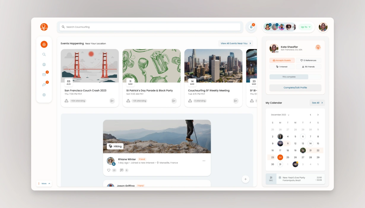 New Couchsurfing UI — community feed design built around the community's existing habits